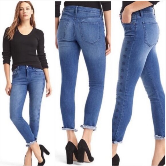 GAP 1969 Best Girlfriend Jeans Star Print Slim Straight Raw Hem Stretch Denim 28 - Picture 10 of 10